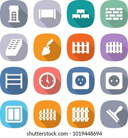 flat vector icon set - building vector, fence, block wall, brick, construction, rack, watch, power socket, switch, scraper