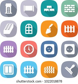 flat vector icon set - building vector, fence, block wall, brick, arch window, construction, watch, power socket, switch, scraper