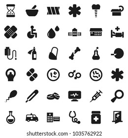 Flat vector icon set - building, ambulance star, disabled, thermometer, flask, gender sign, magnifier, insemination, syringe, broken bone, sand clock, patch, stethoscope, pills, bottle