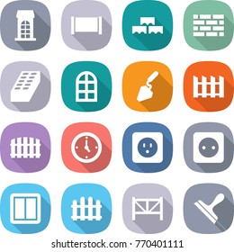 flat vector icon set - building vector, fence, block wall, brick, arch window, construction, watch, power socket, switch, farm, scraper
