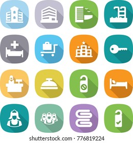 flat vector icon set - building vector, office, hotel, pool, hospital, baggage trolley, key, reception, service bell, do not distrub, bed, cleaner, outsource, towel, please clean