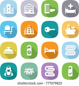 flat vector icon set - building vector, office, hotel, hospital, baggage trolley, key, reception, service bell, do not distrub, bed, towel, cleaner, outsource, please clean