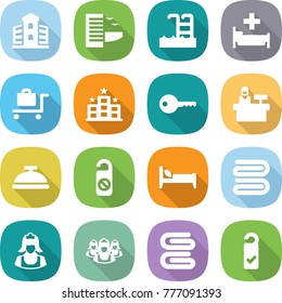 flat vector icon set - building vector, hotel, pool, hospital, baggage trolley, key, reception, service bell, do not distrub, bed, towel, cleaner, outsource, please clean