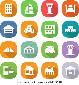 flat vector icon set - building vector, skyscraper, airport tower, minaret, garage, modern architecture, modular house, block wall, pyramid, greenhouse, stadium, hotel, home, factory, warehouse