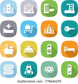 flat vector icon set - building vector, office, hotel, pool, hospital, baggage trolley, key, reception, service bell, do not distrub, bed, towel, cleaner, outsource, please clean