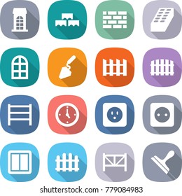 flat vector icon set - building vector, block wall, brick, arch window, construction, fence, rack, watch, power socket, switch, farm, scraper