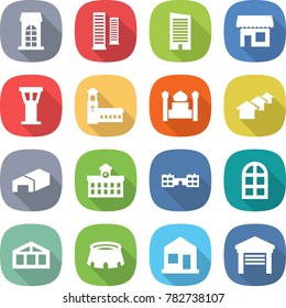 flat vector icon set - building vector, skyscrapers, skyscraper, shop, airport tower, church, minaret, houses, warehouse, university, school, arch window, greenhouse, stadium, home, garage