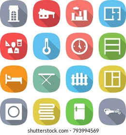 flat vector icon set - building vector, house with garage, city, plan, architector, thermometer, watch, rack, bed, iron board, fence, window, ring button, towels, fridge, blower
