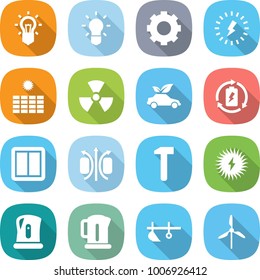flat vector icon set - bulb vector, gear, lightning, sun power, nuclear, eco car, battery charge, switch, magnetic field, hammer, solar, kettle, plow, windmill