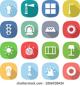 flat vector icon set - bulb vector, lighthouse, window, outdoor light, traffic, alarm, taxi, sun, disco ball, floor lamp, laser, siren
