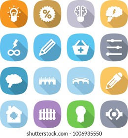 flat vector icon set - bulb vector, percent, brain, infinity power, pencil, add to basket, equalizer, bridge, smart house, fence, connect