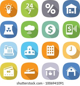 flat vector icon set - bulb vector, 24 7, percent, warehouse, nuclear power, cloud wireless, dollar coin, mobile pay, cashbox, mansion, building, clock, credit card, soil cutter, barn