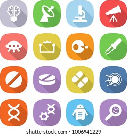flat vector icon set - bulb brain vector, satellite antenna, microscope, telescope, ufo, electrostatic, artificial insemination, pipette, pill, dna, edit, robot, viruses