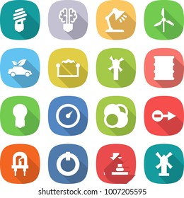flat vector icon set - bulb vector, brain, table lamp, windmill, eco car, electrostatic, barrel, barometer, atom core, electron, led, on off button, press
