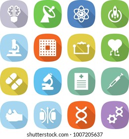 flat vector icon set - bulb brain vector, satellite antenna, atom, rocket, microscope, cpu, electrostatic, cardio chip, pill, recipe, syringe, acid, magnetic field, dna, edit