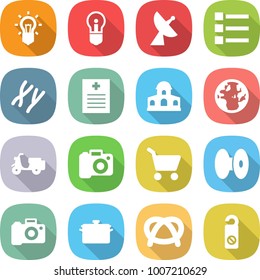 flat vector icon set - bulb vector, satellite antenna, list, chromosomes, recipe, mansion, globe, scooter shipping, camera, cart, coil, pan, pretzel, do not distrub