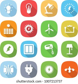 flat vector icon set - bulb vector, table lamp, lightning, sun power, windmill, electrostatic, electricity, switch, mixer, floor, magnetic field, plug, solar, hard reach place cleaning