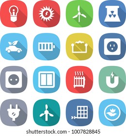 flat vector icon set - bulb vector, sun power, windmill, nuclear, eco car, battery, electrostatic, socket, switch, radiator, magnet, plug, solar panel, ecology