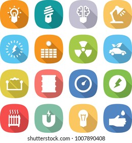 flat vector icon set - bulb vector, brain, table lamp, lightning, sun power, nuclear, eco car, electrostatic, barrel, barometer, electricity, radiator, magnet, hand drop