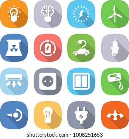 flat vector icon set - bulb vector, brain, lightning, windmill, nuclear power, battery charge, electric car, spark plug, air conditioning, socket, switch, mixer, photon, hard reach place cleaning