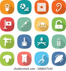 flat vector icon set - bulb vector, diagram, cpu, ear, medical flag, syringe, project, unlock, tower crane, scoop, drawing pen, spike, mushroom, hive, bug