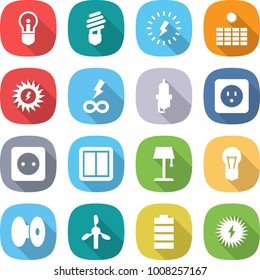 flat vector icon set - bulb vector, lightning, sun power, infinity, spark plug, socket, switch, floor lamp, coil, windmill, battery, solar