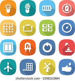 flat vector icon set - bulb vector, battery, charge, chip, electrostatic, panel house, barometer, power switch, led, on off button, press, windmill, solar, hand drop
