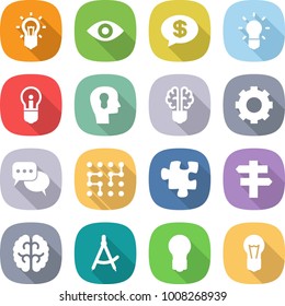flat vector icon set - bulb vector, eye, money message, head, brain, gear, discussion, chip, puzzle, singlepost, draw compass