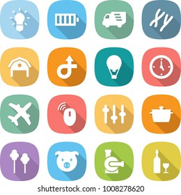flat vector icon set - bulb vector, battery, delivery, chromosomes, barn, trip, air ballon, watch, plane, wireless mouse, setup, pan, trees, pig, water pump, wine