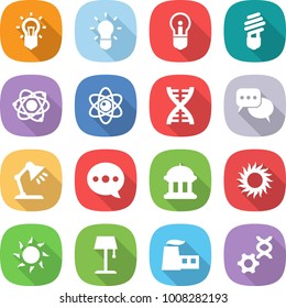 flat vector icon set - bulb vector, atom, dna, discussion, table lamp, balloon, goverment house, sun, floor, factory, edit