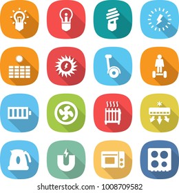 flat vector icon set - bulb vector, lightning, sun power, gyroscooter, hoverboard, battery, cooler fan, radiator, air conditioning, kettle, magnet, grill oven, hob