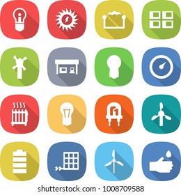 flat vector icon set - bulb vector, sun power, electrostatic, panel house, windmill, gas station, barometer, radiator, led, battery, solar, hand drop