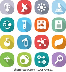 flat vector icon set - bulb brain vector, satellite antenna, round around, microscope, quantum bond, vial, cpu, recipe, flask, potion bottle, virus, liver, ambulance sign, atom core, charge particle