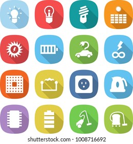 flat vector icon set - bulb vector, sun power, battery, electric car, infinity, cpu, electrostatic, socket, kettle, chip, vacuum cleaner