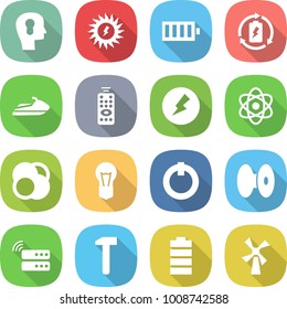 flat vector icon set - bulb head vector, sun power, battery, charge, jet ski, remote control, electricity, atom, core, on off button, coil, server, hammer, windmill