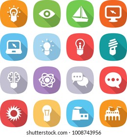 flat vector icon set - bulb vector, eye, boat, monitor arrow, notebook, brain, atom, discussion, balloon, sun, factory