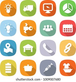 flat vector icon set - bulb vector, truck, monitor arrow, diagram, satellite, group, calendar, map, garage, phone, link, battery, pan, syringe, handle washing
