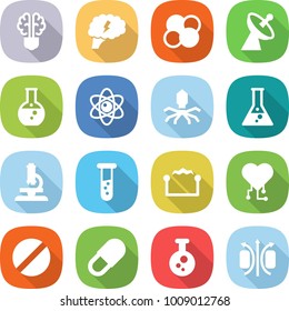 flat vector icon set - bulb brain vector, atom core, satellite antenna, round flask, virus, microscope, vial, electrostatic, cardio chip, pill, chemical, magnetic field