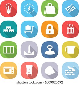 flat vector icon set - bulb vector, lightning, shopping bag, crutch, block wall, baggage trolley, locked, radiator, window, rocket start, vr helmet, measuring cup, grill oven, hive, pile of garbage