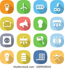flat vector icon set - bulb vector, windmill, battery, infinity power, electrostatic, megafon, air conditioning, socket, mixer, magnetic field, solar panel, iron board