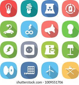 flat vector icon set - bulb vector, nuclear power, battery charge, electric car, infinity, megafon, electricity, socket, coffee maker, floor lamp, coil, solar panel, windmill, iron board