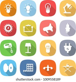 flat vector icon set - bulb vector, table lamp, sun power, electrostatic, megafon, spark plug, mixer, floor, coil, solar panel, hard reach place cleaning, iron board