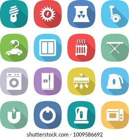 flat vector icon set - bulb vector, sun power, nuclear, gyroscooter, electric car, switch, radiator, iron board, washing machine, fridge, air conditioning, kettle, magnet, on off button, grill oven