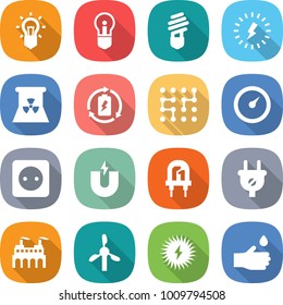 flat vector icon set - bulb vector, lightning, nuclear power, battery charge, chip, barometer, socket, magnet, led, plug, factory, windmill, solar, hand drop