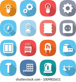 flat vector icon set - bulb vector, gear, lightning, crystall memory, barrel, power socket, switch, radiator, led, factory, hammer, solar panel, kettle, plow