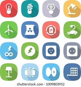 flat vector icon set - bulb vector, brain, table lamp, windmill, nuclear power, battery charge, electric car, infinity, electricity, socket, floor, magnetic field, coil, solar panel