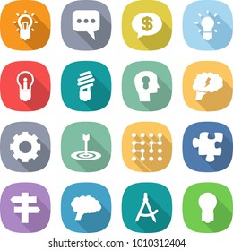 flat vector icon set - bulb vector, message, money, head, brain, gear, target, chip, puzzle, singlepost, draw compass