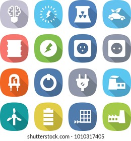 flat vector icon set - bulb brain vector, lightning, nuclear power, eco car, barrel, electricity, socket, led, on off button, plug, factory, windmill, battery, solar panel