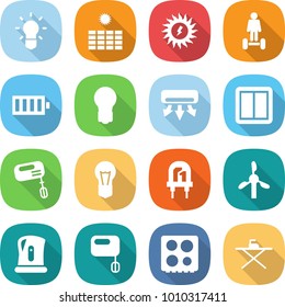 flat vector icon set - bulb vector, sun power, hoverboard, battery, air conditioning, switch, mixer, led, windmill, kettle, hob, iron board