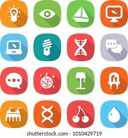 flat vector icon set - bulb vector, eye, boat, monitor arrow, notebook, dna, discussion, balloon, disco ball, floor lamp, led, factory, cherry, drop